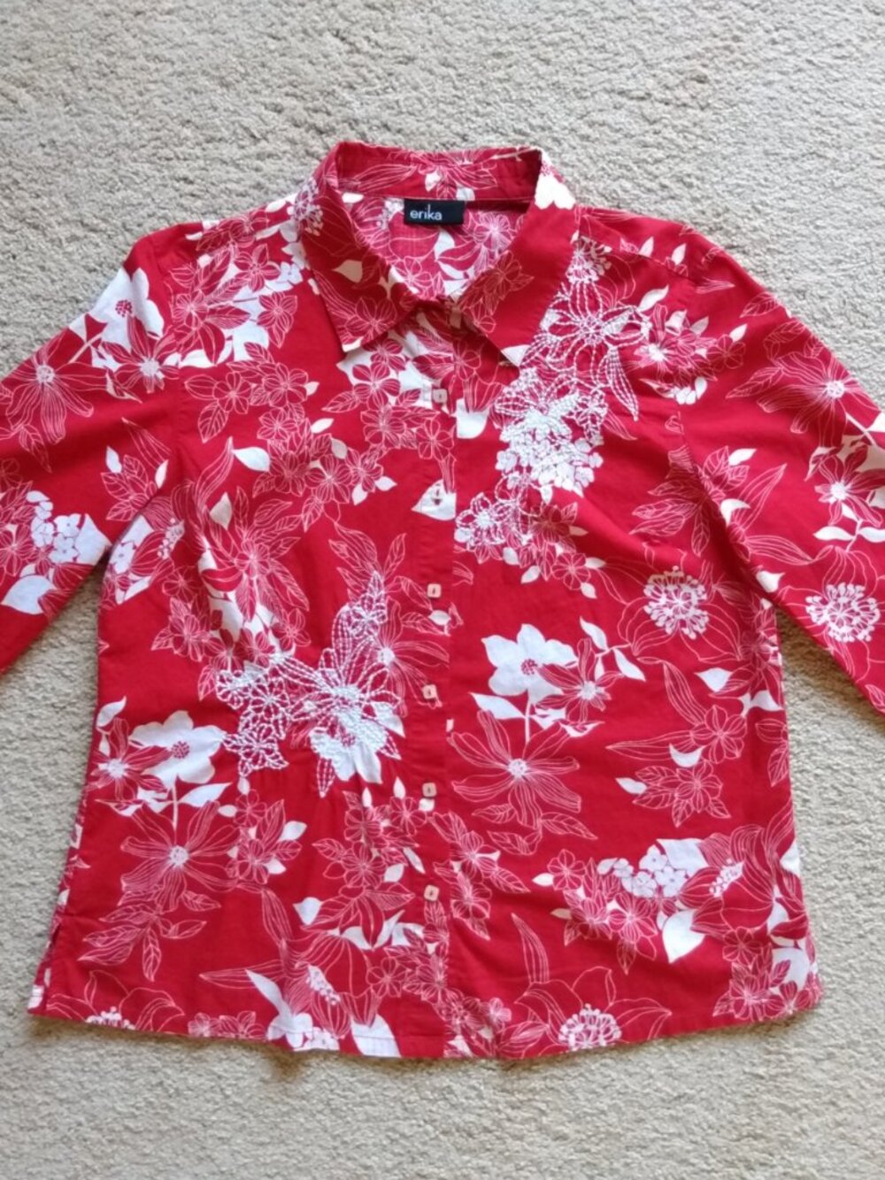 ERIKA Red White Floral Beaded Embroidered Top Button Up Sz Large 3/4 Sleeve EUC